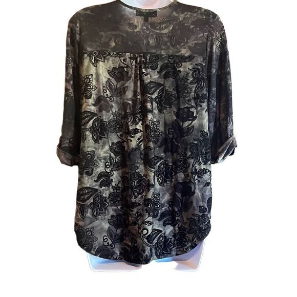 Chances R Black Tan Floral Burnout Sheer Roll Tab Sleeve Blouse Top Small Boho - Picture 2 of 8